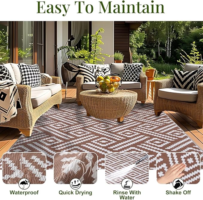 OPPODREAM Outdoor Rug 8x10 Patio Waterproof, Large Outdoor Plastic Straw Rug, Reversible Out Door Carpet for Camping, Deck, Rv, 8 x 10 Area Carpet for Balcony, Porch, Backyard, White and Brown