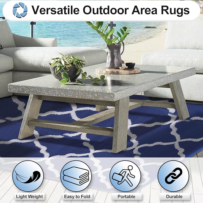 OutdoorLines Outdoor Plastic Area Rugs for Patio 9x12 ft - Reversible Outside Carpet, Stain & UV Resistant RV Mats, Straw Rug for Camping, Deck Garden, Porch and Balcony, Moroccan Navy & Light Grey