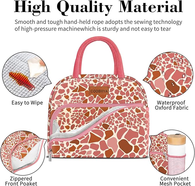 Coobiiya Lunch Bag Women, Lunch Box for Women Adult Men, Small Leakproof Cute Lunch Tote Large Capacity Reusable Insulated Cooler Lunch Container for Work/Office/Picnic/Travel-Pink Leopard