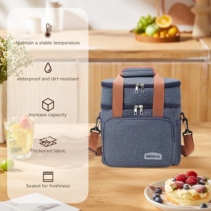 Double Insulated Lunch Bag for Women/Men, Thermal Lunchbox Leakproof Waterproof Cooler Bag with Adjustable Shoulder Strap for Adults, Lunch Bag for Work Office Camping Travel (12L, Navy Blue)