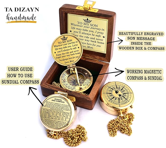 to My Son Compass with Wooden Box-Mom to Son Compass–Father to Son Gifts- to My Grandson -Graduation Day Gifts for Son-Birthday, Baptism, Graduation, Confirmation, Communion Compass for Women Men