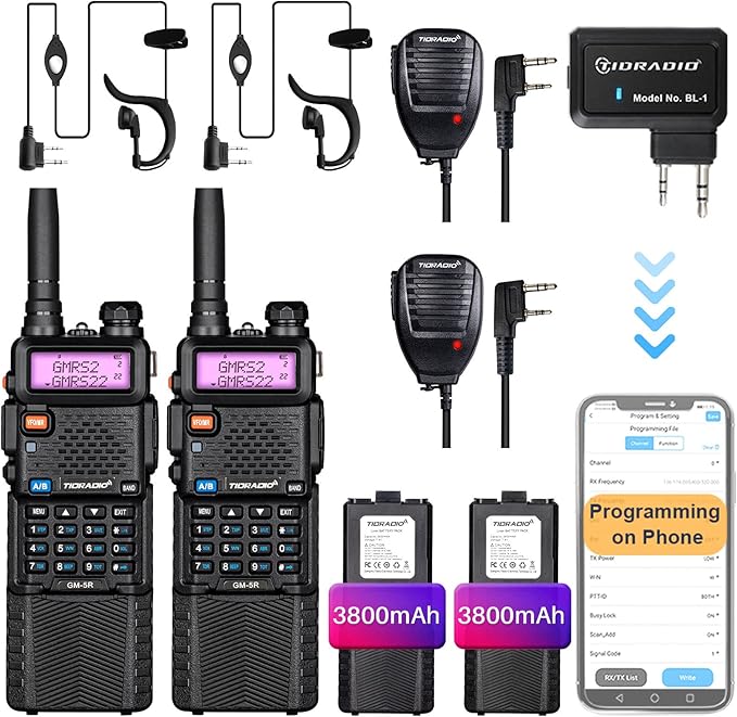 TIDRADIO GM-5R GMRS Radio, Two Way Radio GMRS Repeater Capable, with 3800mAh Battery,Wireless Programmer,Dual Band Scanning Receiver and NOAA Weather & Alarm (2 Pack)
