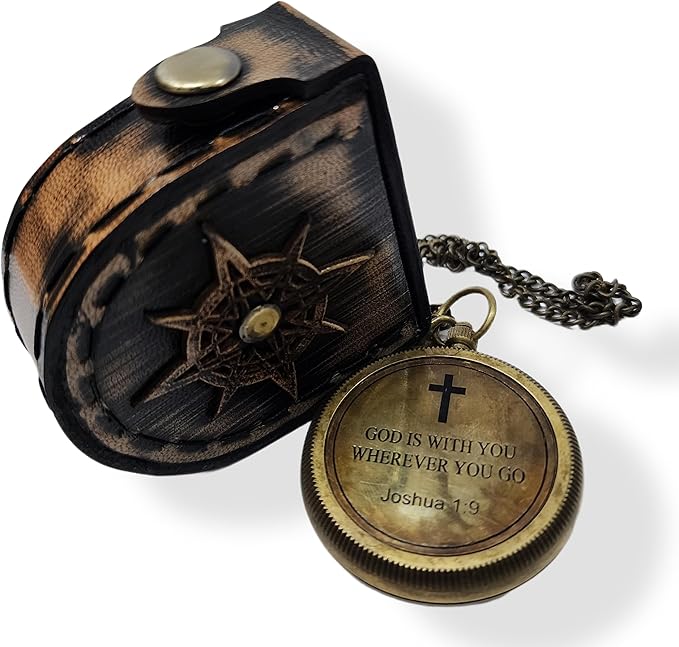 Brass Compass Unique Print 'GOD is with Yout' Engraved Compass with Leather Case and Chain A Great Gift Item for Your Loved Ones