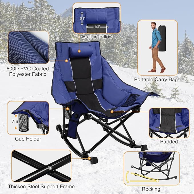 Slendor Oversized Rocking Camping Chair, XL Heated Camping Chair w/ 3 Levels Heat for Back+Seat, Padded Rocking Lawn Chair with 20000 mAh Power Bank, Pillow, Side Pocket, Carry Bag, Navy Blue