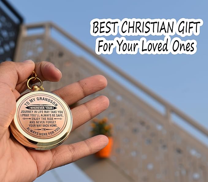 Gift for Grandson Brass Compass Engraved Quote | Memory Present to My Grandson Birthday, Baptism, Graduation, Confirmation, Love, Gift idea by Grandpa Grandma, 2025 Gift