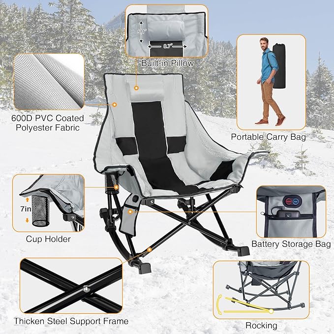 Slendor Heated Rocking Chair, Oversized Heated Camping Chair w/ 3 Levels Heat for Back+Seat, Heated Rocking Camping Chair with 20000 mAh Power Bank, Pillow, Side Pocket, Padded, Carry Bag, Gray