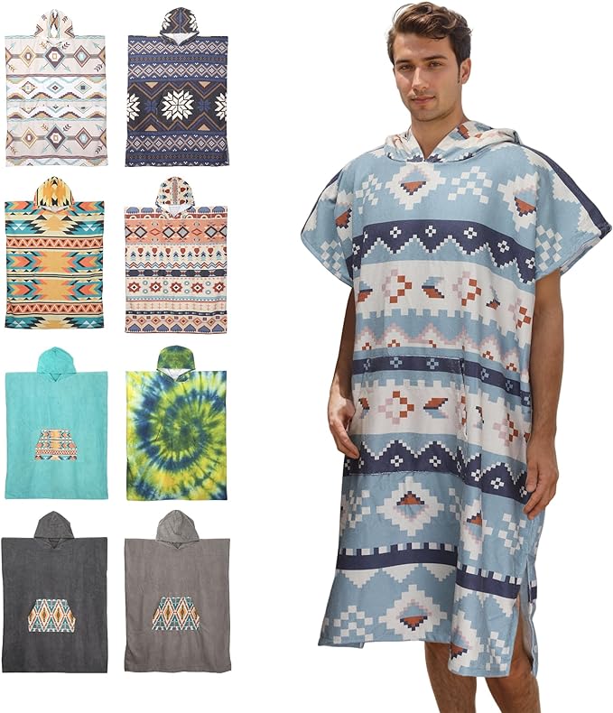 Rainleaf Surf Poncho Changing Towel Quick Dry Pool Swim Beach Towel with Hood and Front Pocket Warm and Soft Microfiber RobeTowel for Women and Men-Geometric Quarry