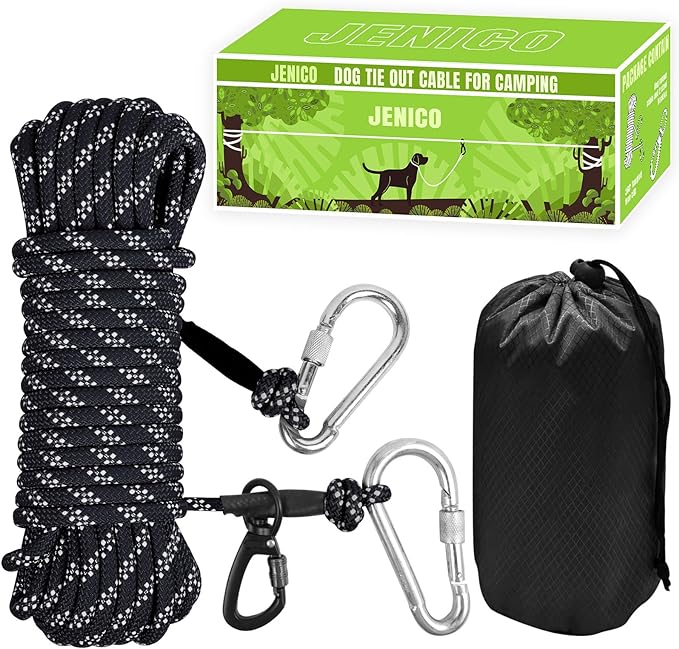 Dog Tie Out Cable for Camping - 50ft/70ft/100ft Portable Reflective Overhead Trolley System for Dogs up to 300lbs - Dog Lead for Yard Camping | Parks | Outdoor Events(Black)