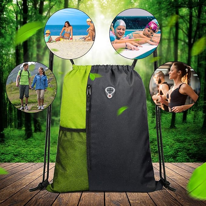 Drawstring Backpack Sports Gym Bag for Women Men Large Size With Two Zipper Pockets and Water Bottle Mesh Pockets