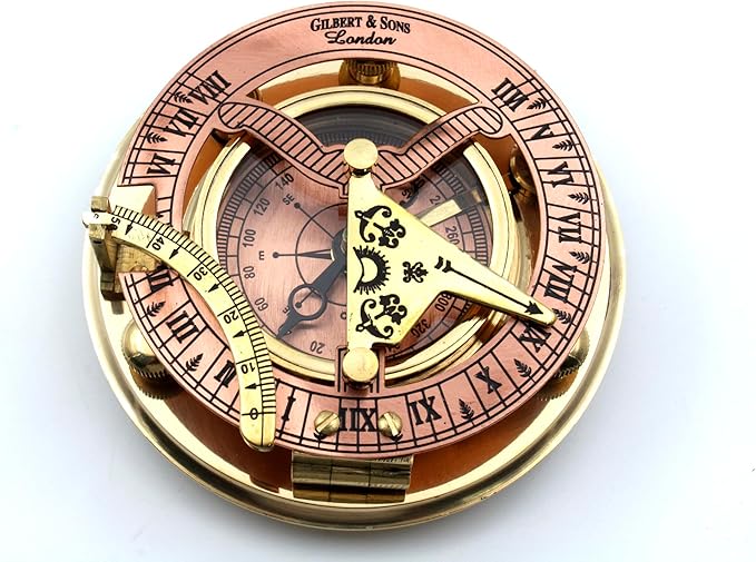 Brass Sundial Compass in Leather Case – Unique Nautical Gifts for Men, Antique Sailing Anniversary Gadget, Maritime Pocket Watch Clock, Nautical Decor for Him