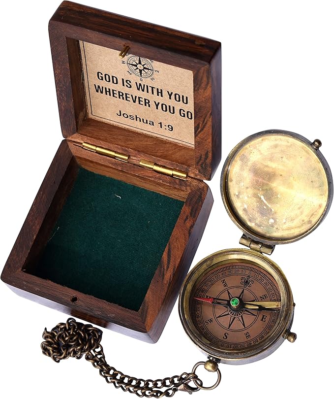 Be Strong and Courageous (Joshua 1:9) Brass Compass with wooden Box-Engraved Scripture Prayer Compass Religious Gift for Men & Women - Baptism, Confirmation, Communion Compass for Boys Graduation Gift