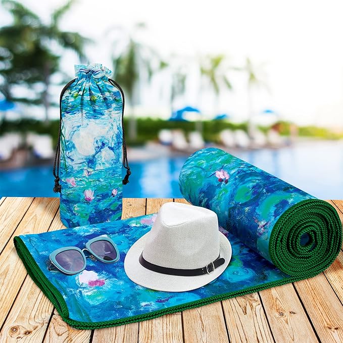 Large Oversized Microfiber Beach Towel - 40x63 Inches, Sand-Free, Quick-Drying, Ultra-Soft, Ideal for Travel, Pool, Yoga, and Camping - Includes Matching Drawstring Travel Pouch, Monet Nympheas