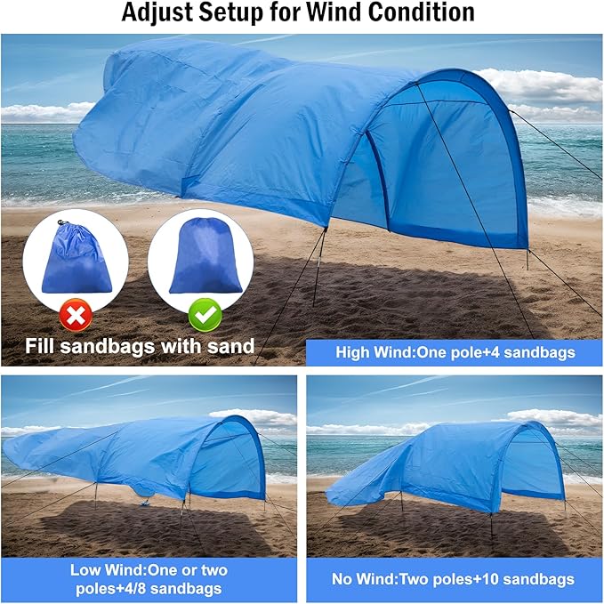 Beach Shade - 200 Sq. Ft Beach Canopy for 4-8 People, Portable Sun Shelter with UV Protection, Lightweight & Easy Setup for Family Outdoor Activities (Light Blue)