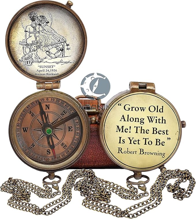 Grow Old Along with me Engraved Compass with Norman Rockwell Sunset Engraving, Valentine Gift, Birthday, Long Distance, Love, Sorry, Keepsakes, Old Memories