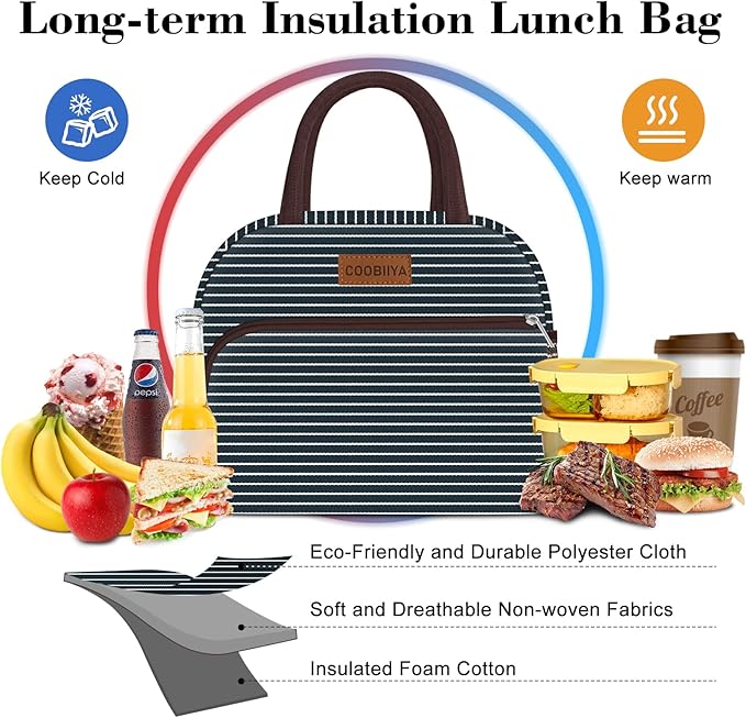 Coobiiya Lunch Bag Women, Lunch Box for Women Adult Men, Small Leakproof Cute Lunch Tote Large Capacity Reusable Insulated Cooler Lunch Container for Work/Office/Picnic/Travel-Stripe