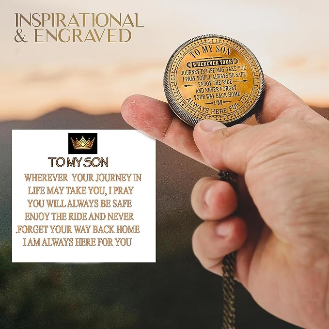 to My Son Compass with Wooden Box-Mom to Son Compass–Father to Son Gifts- to My Grandson -Graduation Day Gifts for Son-Birthday, Baptism, Graduation, Confirmation, Communion Compass for Women Men