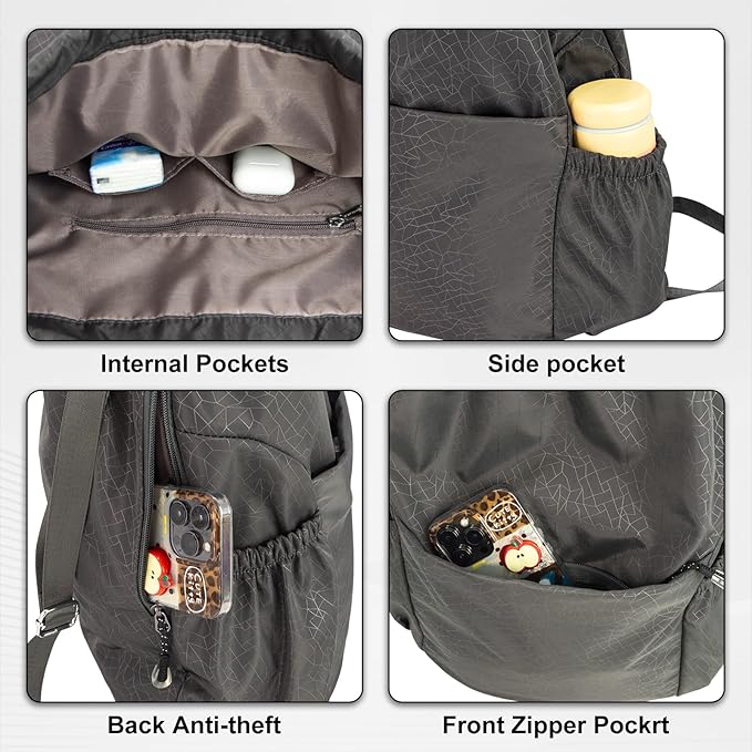 Drawstring Backpack Waterproof Small Gym Bag for Women String Backpack, Sports Gym Sack Cinch Bag with Multi Pockets (Grey)