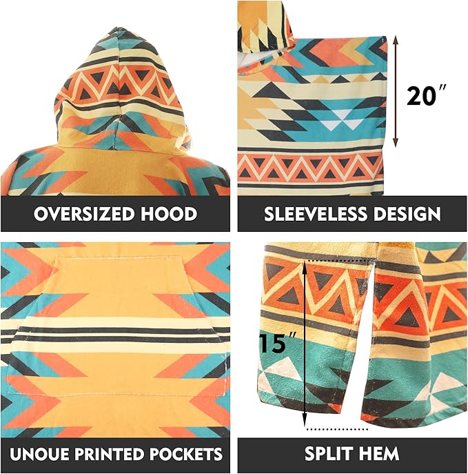 Rainleaf Surf Poncho Changing Towel Quick Dry Pool Swim Beach Towel with Hood and Front Pocket Warm and Soft Microfiber RobeTowel for Women and Men-Geometric Sunset Gold