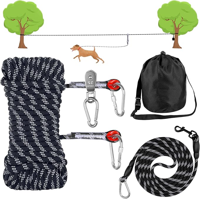 Dog Tie Out Cable for Camping,50ft Portable Overhead Trolley System with 10ft Runner Lead for Dogs up to 200lbs,Portable Reflective Dog Lead Line for Yard, Park and Outdoor (Black)