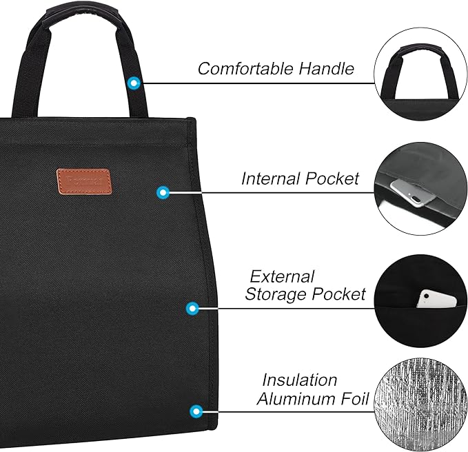 Lunch Bags for Women Insulated Reusable Lunch Tote with Internal Pocket, Adult Lunch Tote bag for Work (Black