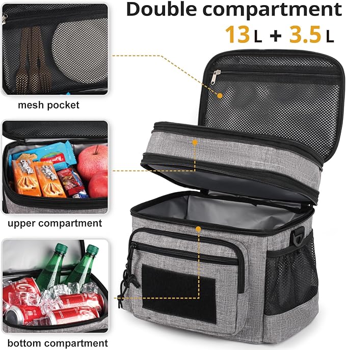 ATRIPACK Lunch Bag for Men, Double Deck Tactical Lunch Box Work with Shoulder Strap MOLLE Webbing Large Lunch Cooler Leakproof Insulated (Grey)