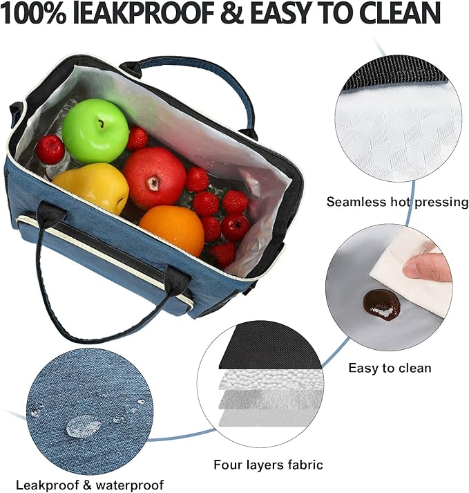 IDEATECH Large Insulated Lunch Bag for Men, Blue, Reusable Cooler Bag with Pockets, Leakproof and Insulation