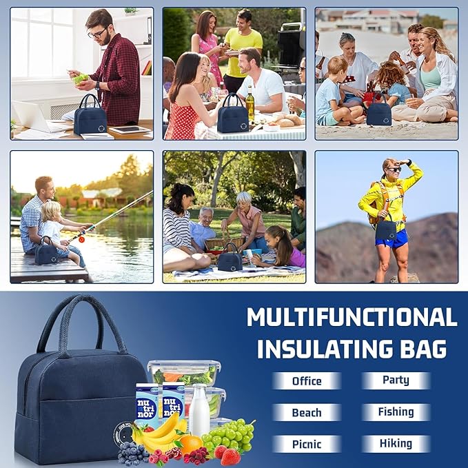 Insulated Lunch Bag for Men & Women - Leakproof Lunch Box for Cooling/Warming, Portable & Small Lunch Bag for Work, Picnic, Travel - Navy Blue