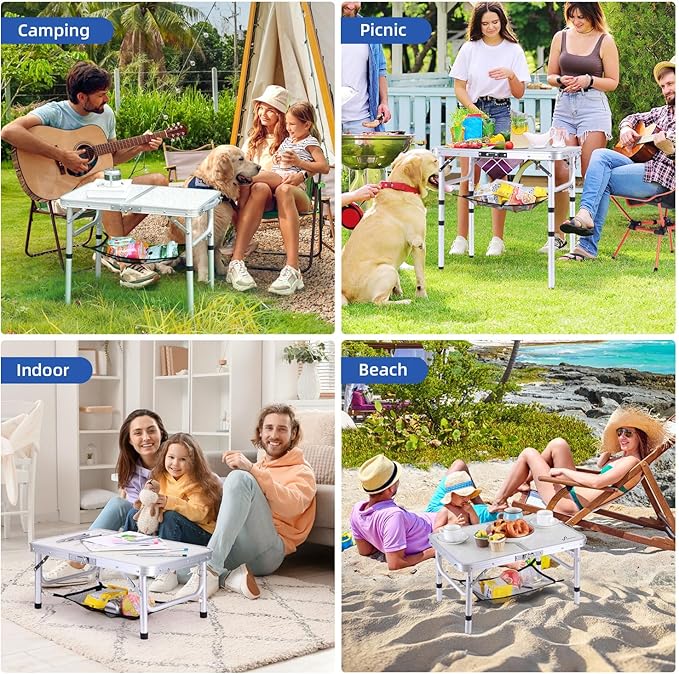 Sportneer Camping Table: Adjustable Height Small Folding Table 23.6" L x 15.7" W 3 Height with Mesh Layer - Compact & Portable Camping Essentials for Outdoor Camp Garden Picnic BBQ Dining Cooking