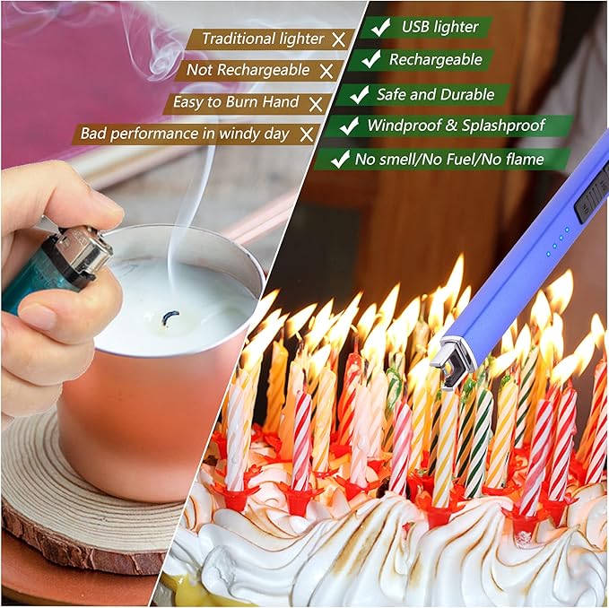 MEIRUBY Lighter Electric Candle Lighter Long Electronic Rechargeable USB Lighter Arc Windproof Flameless Lighters for Candle Camping BBQ Birthday Women's Day Gifts for Women Mom Wife Men, Blue
