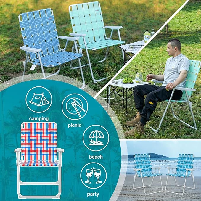 #WEJOY Folding Beach Chair for Adults, Lightweight Beach Chair with Shoulder Straps, High Back Beach Chairs with Hard Armrest, Supports 300lbs for Beach Lawn Concert