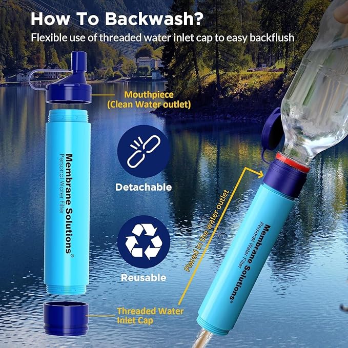 Membrane Solutions Straw Water Filter S1, NSF/ANSI 42&372&401 certificated, Survival Filtration Portable Gear, Emergency Preparedness, Supply for Drinking Hiking Camping Team Family Outing