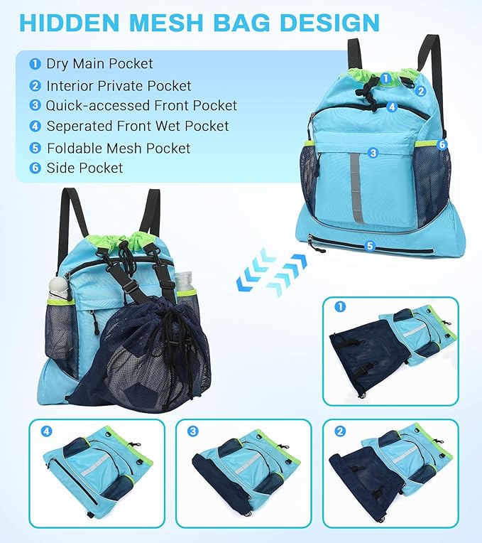 Drawstring Backpack, Waterproof Sandproof Beach Backpack for Sport Gear Small Gym Bag with Hidden Ball Net Pocket and Seperated Wet Pocket Draw String Back Bag for Women Men, Blue