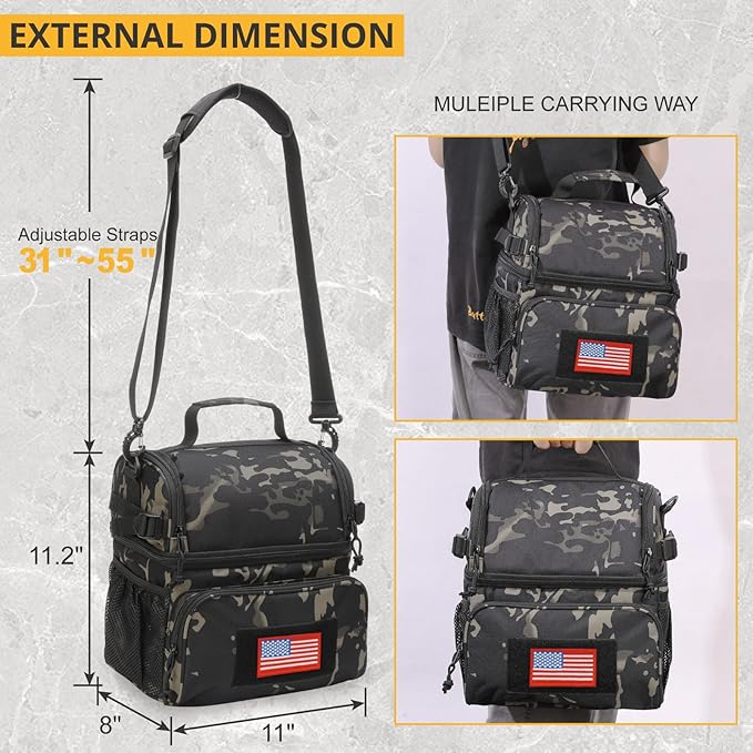 ATRIPACK 2 Compartment Lunch Bag for Men Adult, Tactical Lunch Box Leakproof Insulated Large Cooler Bag for Work with Adjustable Shoulder Strap Flag Double Layer Lunch Pail(Camo-Black)