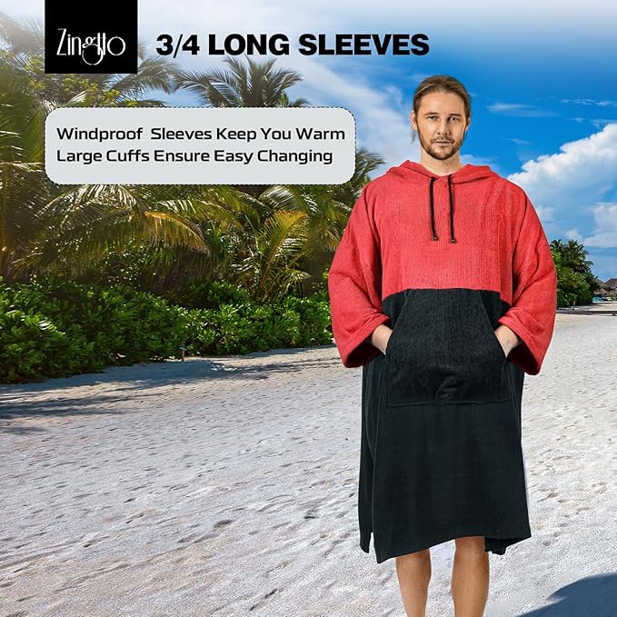 Surf Poncho Changing Robe, 3/4 Sleeve Extra Large Thick Hoodie Towel Poncho for Men Women Beach Swimming, 43" x 35", Black Coral Red