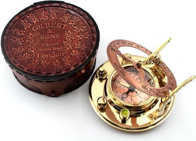 Brass Sundial Compass in Leather Case – Unique Nautical Gifts for Men, Antique Sailing Anniversary Gadget, Maritime Pocket Watch Clock, Nautical Decor for Him