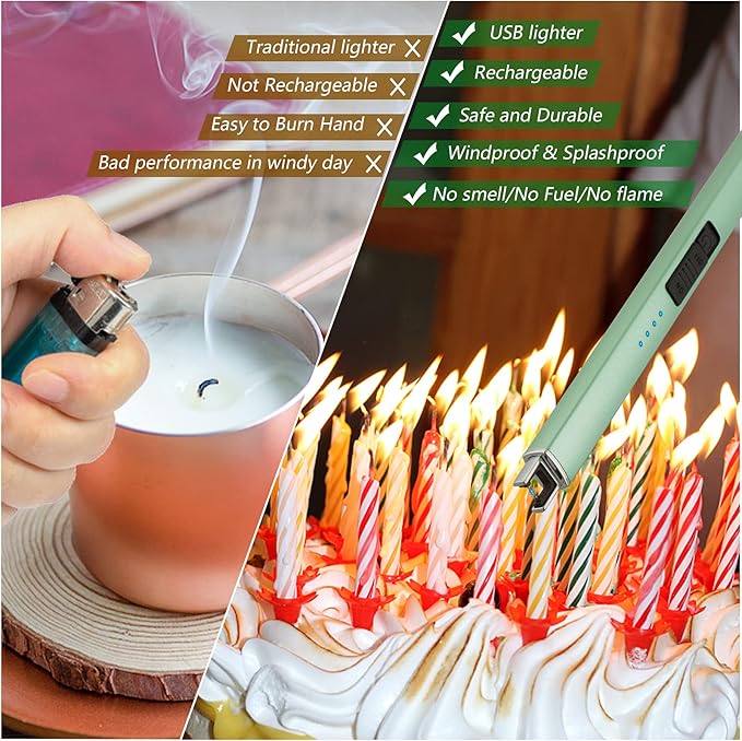 MEIRUBY Lighter Electric Candle Lighter Long Electronic Rechargeable USB Lighter Arc Windproof Flameless Lighters for Candle Camping BBQ Birthday Women's Day Gifts for Women Mom Wife Men, Green