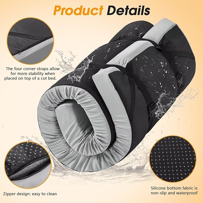 CYMULA Camping Cot Mattress 2in Memory Foam Sleeping Pad,Soft Warm Non-Slip Camping Mattress Topper with Retaining for Adults,Portable Roll up Mattress Pad for Travel (75 x30)(only Mattress)