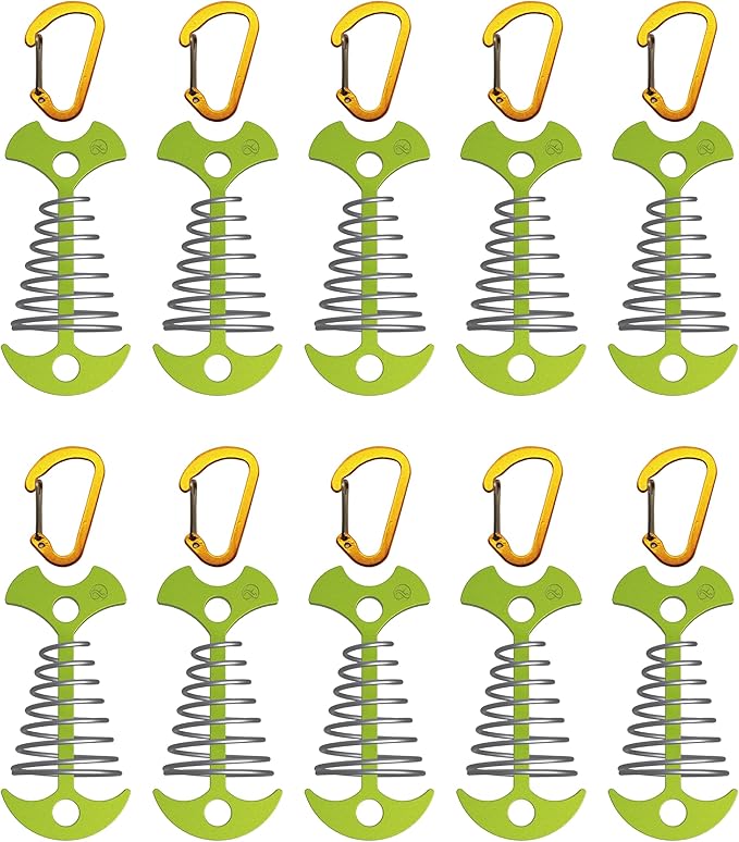 NACETURE Deck Anchors Pegs with Carabiners - Tie Down Anchor Rope Tensioner | Rope Tent Tie Down Stakes Clips, Canopy Tent Anchors Outdoor Camping Tent Accessories 10 Pack (Green)