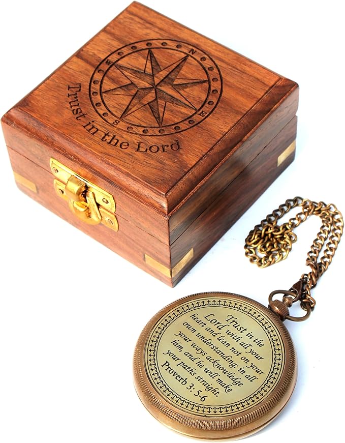 Trust in The Lord with All Your Heart -Proverbs 3: 5-6 Quote Engraved Compass with Wooden Box. Greeting Card, Inspirational Gift Men, Christian Boys Baptism Gifts, Graduation Day