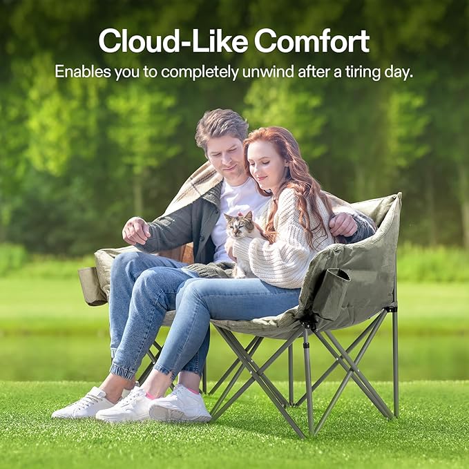 VIVOSUN Double Camping Chair, Fully Padded Folding Loveseat, Oversized Duo Chair with Cup & Wine Glass Holders, Pocket, Armrests & Carry Bag