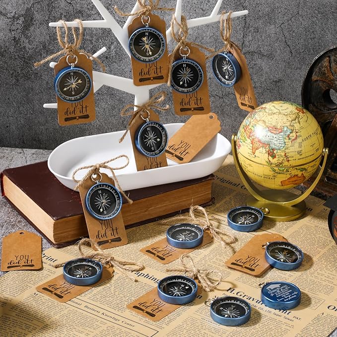 Coume 2025 Inspirational Graduation Gifts Engraved Compass for Middle Senior College Graduate Student Compass with You Did It Diploma Sign Tag Gift for Travel Grad Souvenir Favor(Blue,24 Set)