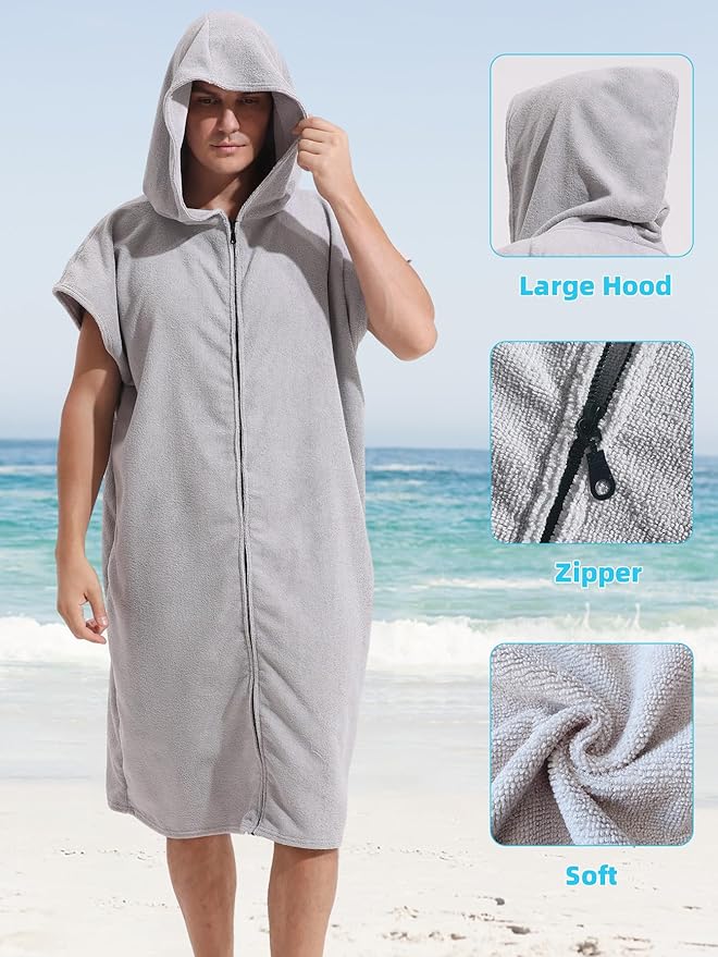 Surf Poncho Hooded Changing Towel Swim Robe with Zipper Plus Size Terry Cloth Swim Cover Up for Adults Men Women Towel Poncho Hoodie surfing accessories(Black) (Grey)