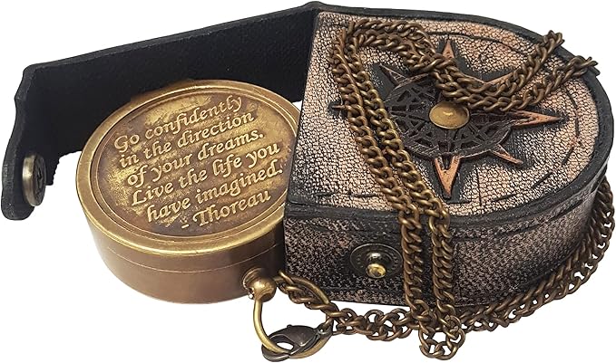 Brass Compass Engraved with Thoreau's Go Confidently Quote and Stamped Leather Case, Boys Gifts