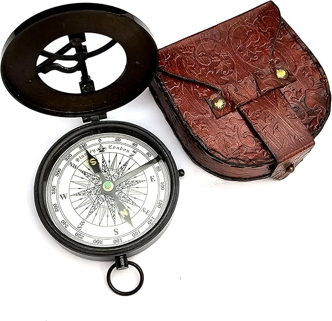 Nautical Camping Hiking Handmade Direction Compass Antique Brass Sundial Style Compass with Leather Case Gifts for Graduation, Baptism, Confirmation Boys, Girls
