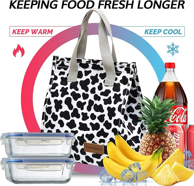 TELLUMO Lunch bag, Insulated Lunch Bag for Women Men Large Lunch Box Container Reusable Leakproof Tote for Office, Work, School, Beach or Travel (Cow-print)