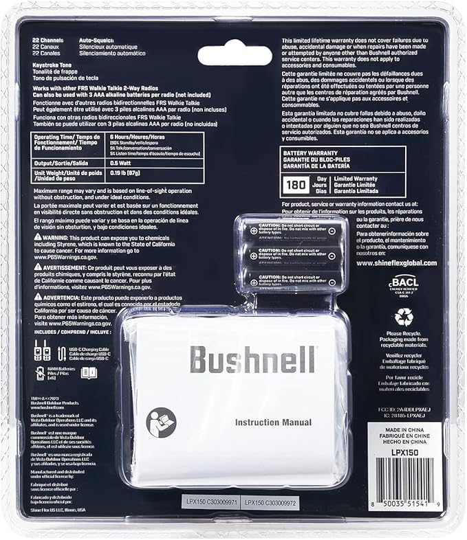 Walkie Talkies by Bushnell - LPX150 Long Range 2-Way Radio with NOAA Weather Radio - Heavy Duty Shock Resistant - 22 Channels & USB-C Charging (2 Pack)