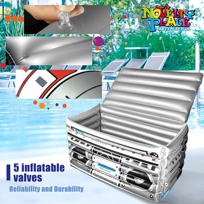 Novelty Place Inflatable Boombox Cooler - Large Capacity Ice Bucket Drink Cooler Blow Up Stereo Decoration for 80s 90s Themed Retro Party, Outdoor Gathering, Pool Celebration, and BBQ