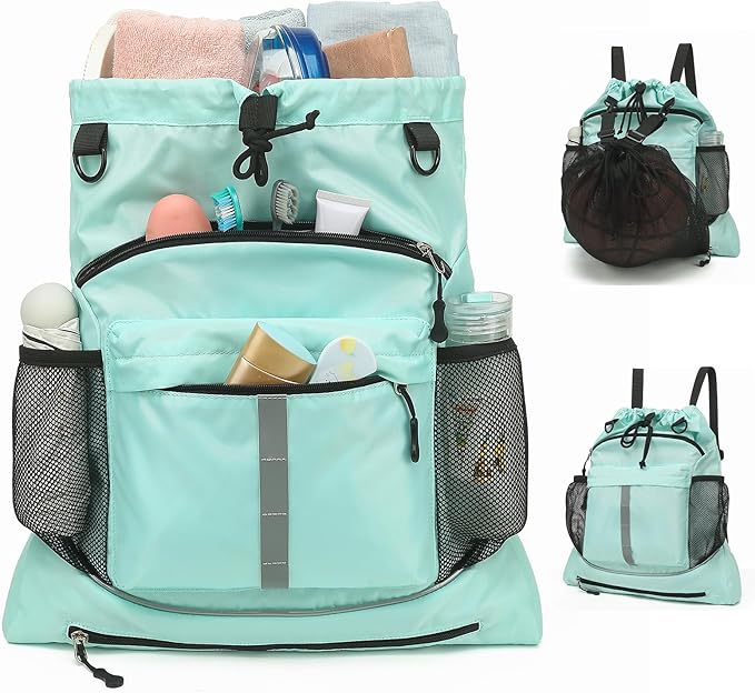 Drawstring Backpack, Waterproof Sandproof Beach Backpack for Sport Gear Small Gym Bag with Hidden Ball Net Pocket and Seperated Wet Pocket Draw String Back Bag for Women Men, Green