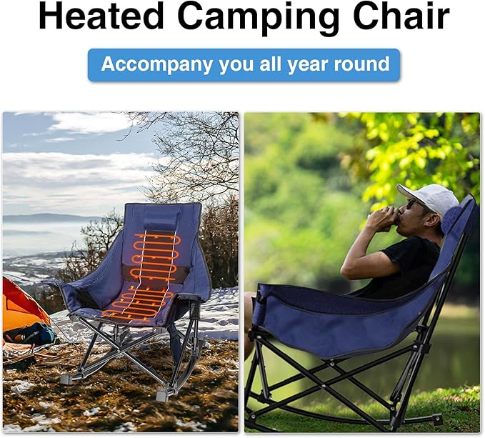 Slendor Oversized Rocking Camping Chair, XL Heated Camping Chair w/ 3 Levels Heat for Back+Seat, Padded Rocking Lawn Chair with 20000 mAh Power Bank, Pillow, Side Pocket, Carry Bag, Navy Blue