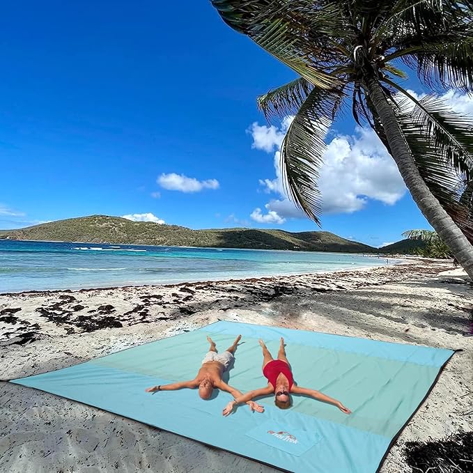 Beach Blanket Sandproof, Extra Large Beach Mat, Sand Free Mat Quick Drying, Lightweight, Soft & Durable Mat for Beach, Yard (Sky Blue & Mint Green, 10 x 10 FT (1~9 Person))